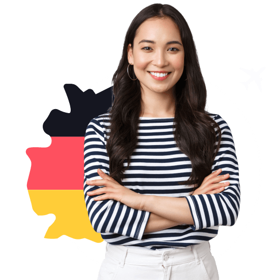 Pretty woman in front of the german map points out the advantages of migrationcheck and refers to the packages